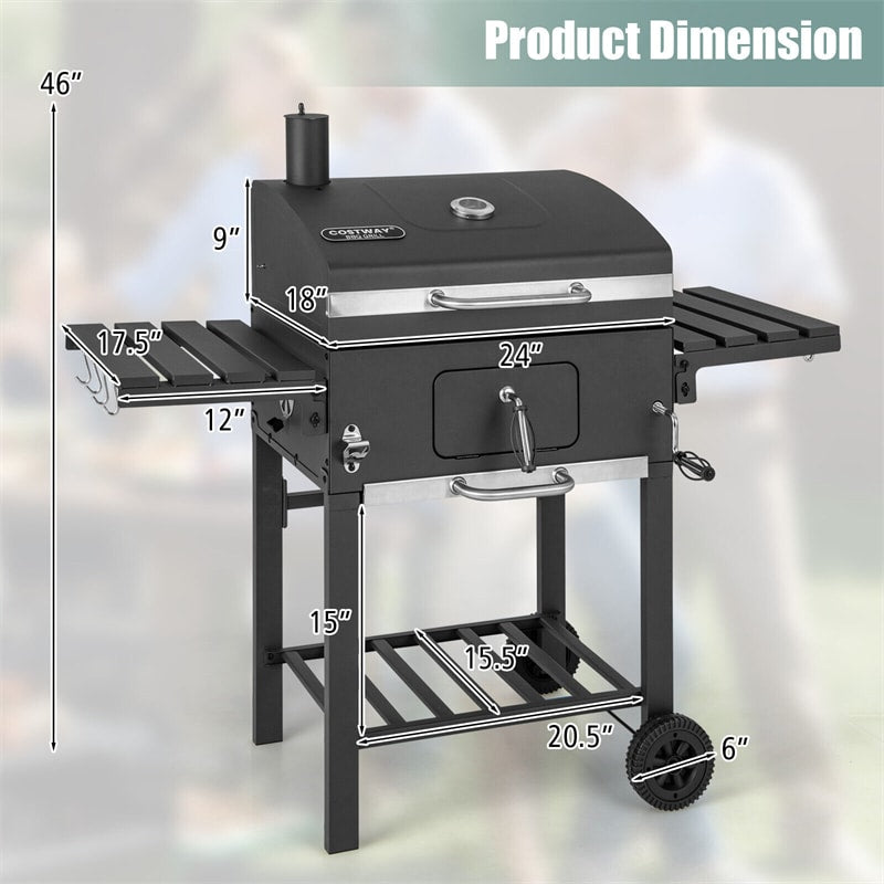 24" Charcoal Grill Outdoor BBQ Grill with 2 Foldable Side Tables, Bottom Storage Shelf & 2 Wheels for Family Gatherings Party