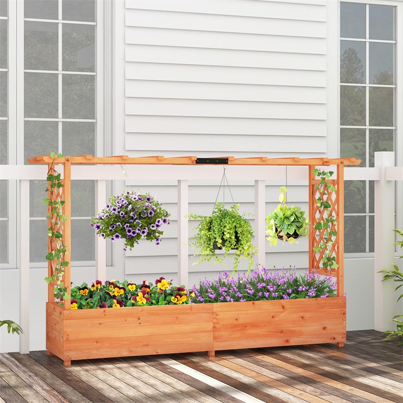 2PCS Raised Garden Bed Fir Wood Outdoor Planter Box with 2-Sided Trellis & Hanging Roof for Flowers Herbs Climbing Plants