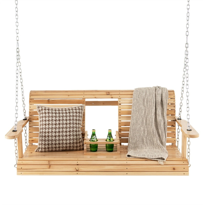 2-Seat Hanging Porch Swing Wood Outdoor Patio Swing Bench with Folding Cup Holder & Metal Chains