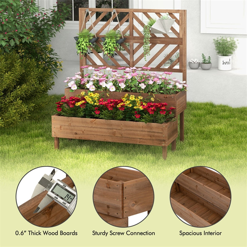 2-Tier Raised Garden Bed with Trellis Outdoor Wooden Elevated Planter Box with Legs & Drain Holes for Vegetables