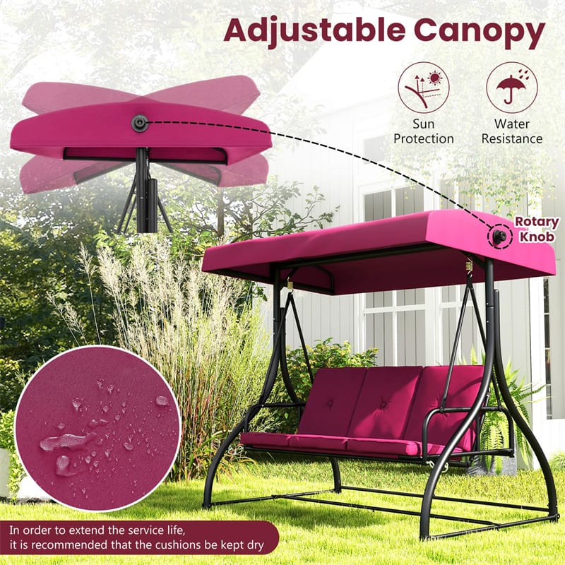 3 Seat Outdoor Porch Swing 2-in-1 Large Converting Patio Swing Glider with Adjustable Canopy & Removable Cushions for Yard Garden Balcony