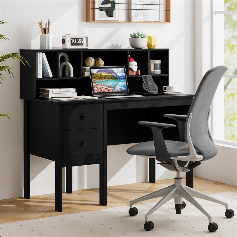 48" Black Computer Desk with Power Outlets, USB Ports & Type-C, Modern Home Office Desk Writing Study Table with Drawers & 5-Cubby Hutch