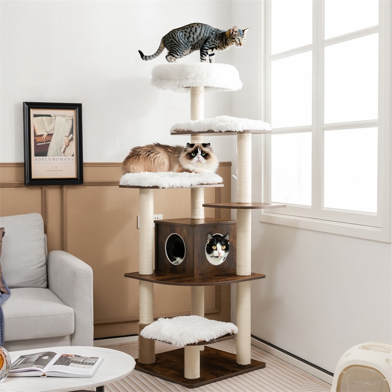 71" Tall Wood Cat Tree Modern Multi-Level Cat Tree Tower with Plush Perch, Cozy Condo, Scratching Posts, Cushions & Cat Self Groomer