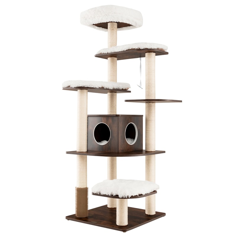 71" Tall Wood Cat Tree Modern Multi-Level Cat Tree Tower with Plush Perch, Cozy Condo, Scratching Posts, Cushions & Cat Self Groomer