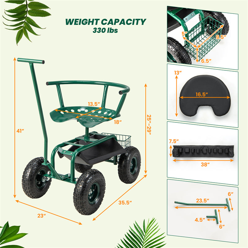 Rolling Garden Cart Gardening Workseat Height Adjustable Garden Scooter 360° Swivel Seat with 4 Wheels, 2 Handles & Removable Cushion