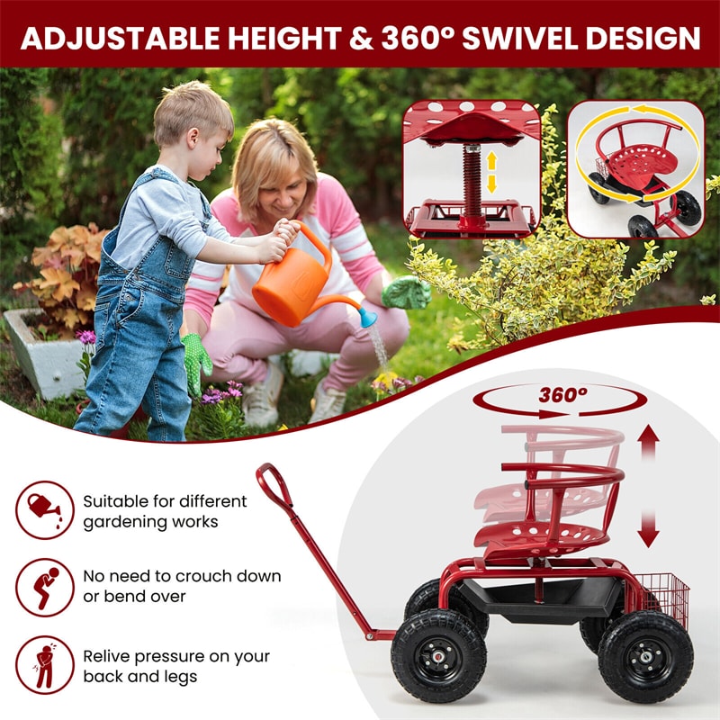 Rolling Garden Cart 360° Swivel Workseat Height Adjustable Garden Scooter with Cushions, Tool Tray, Storage Basket