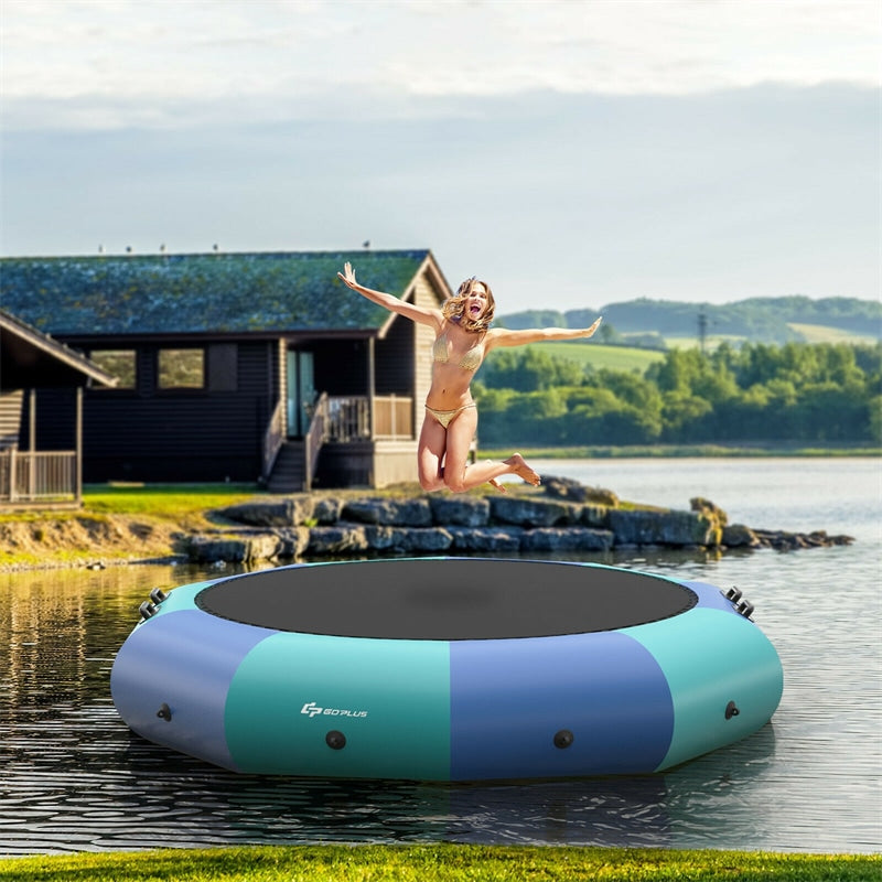 10FT Inflatable Water Trampoline Recreational Water Bouncer with 500W Electric Inflator & 3-Step Rope Ladder, Floating Trampoline for Lakes Pools