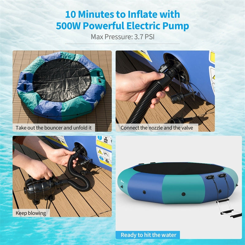 12FT Inflatable Water Trampoline Recreational Water Bouncer with 500W Electric Inflator & 3-Step Rope Ladder, Floating Trampoline for Lakes Pools