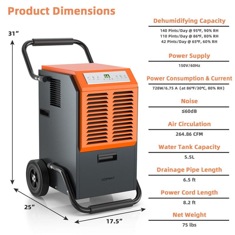 140 PPD Commercial Dehumidifier Portable Industrial Dehumidifier for Large Basement with Drainage Pipe & 1.45 Gallon Water Tank
