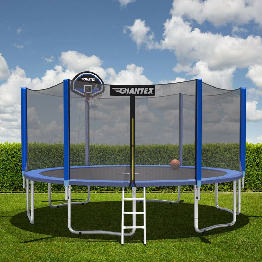 15ft Round Outdoor Enclosed Trampoline with Safety Enclosure Net and Basketball Hoop