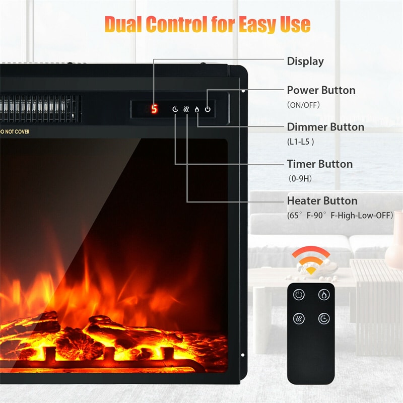 18" Electric Fireplace Insert 1500W Recessed Fireplace Stove Heater with Remote Control