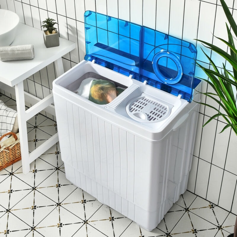 26 lbs Portable Washing Machine with Drain Pump, 2-in-1 Twin Tub Top Load Washer Dryer Combo for RV Apartment(Blue)