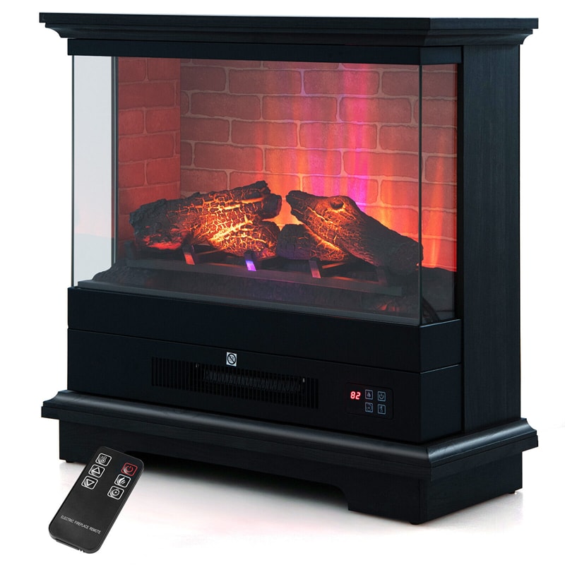 27" Freestanding Fireplace 1400W 3-Sided Electric Fireplace Heater with 3-Level Vivid Flame & Thermostat