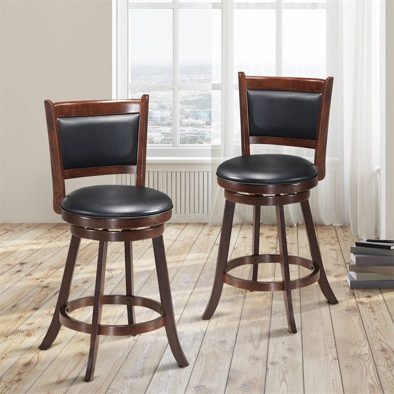 24" Swivel Bar Stool Set of 2 Upholstered Counter Height Bar Stools Wooden Dining Chair with PVC Cushioned Seat