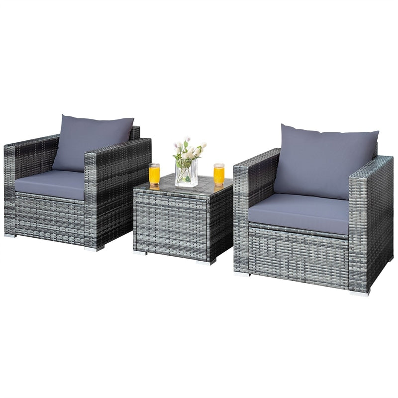 3 Piece Patio Rattan Conversation Set Wicker Bistro Set with Washable Cushions & Tempered Glass Top Table