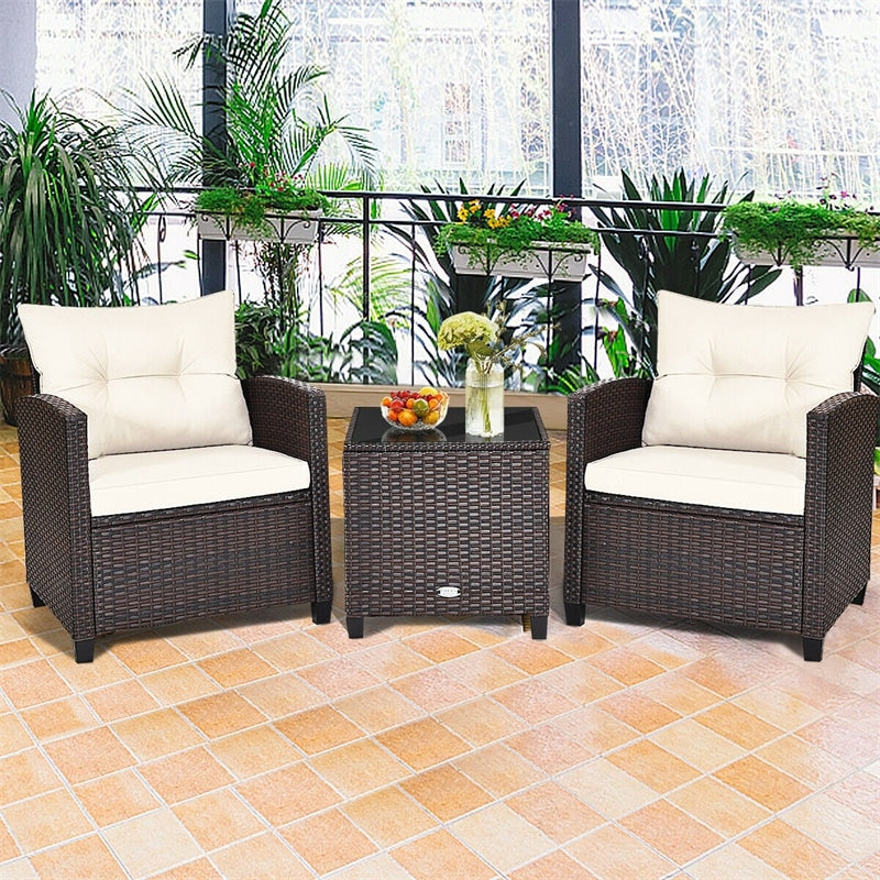 3 Piece Outdoor Wicker Rattan Patio Conversation Set with Washable Cushion & Coffee Table