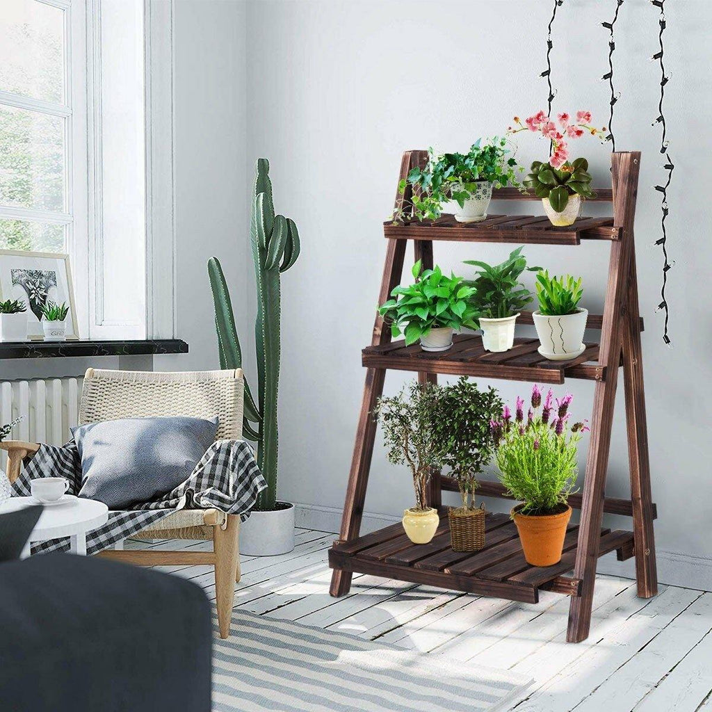 3 Tier Rustic Wooden Folding Plant Stand Flower Rack - Bestoutdor