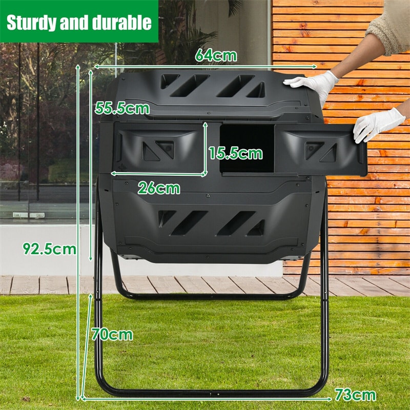 43 Gallon Outdoor Dual Rotating Chamber Compost Tumbler with Sliding Door & Gloves