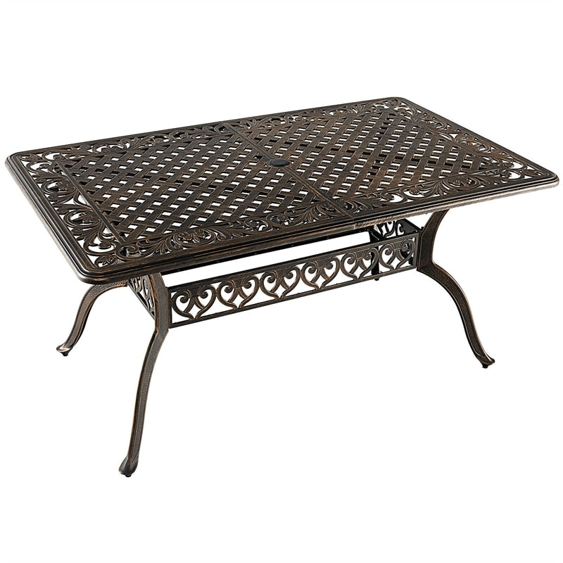 59" Outdoor Dining Table All-Weather Cast Aluminum Table 6 Person Rectangular Table with Umbrella Hole