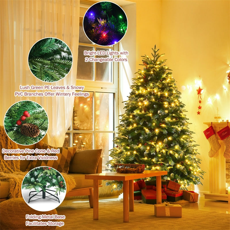 5FT Pre-Lit Artificial Christmas Tree Realistic Hinged Snowy Pine Xmas Tree with 250 Color Changing LED Lights & 11 Flash Modes