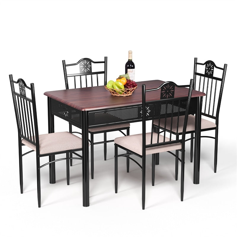 5 Piece Vintage Kitchen Dining Table Set Wood Top Metal Frame Table with 4 Padded Dining Chairs