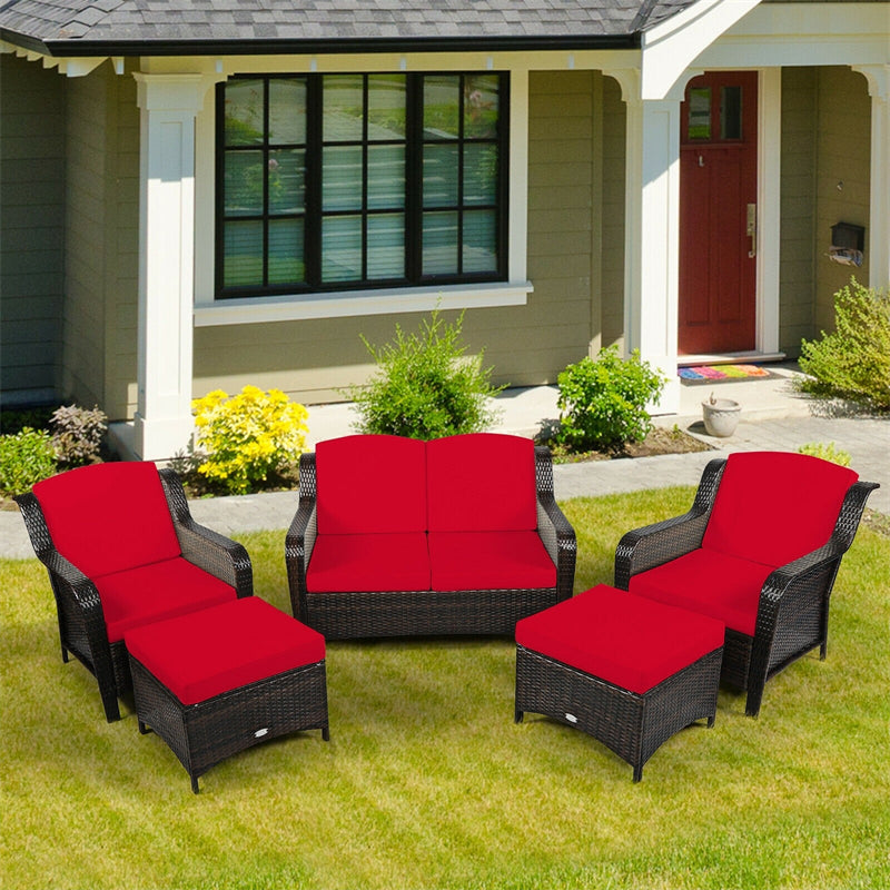 5 Piece Patio Rattan Furniture Wicker Conversation Set Sectional Sofa Set with Cushions & Ottoman