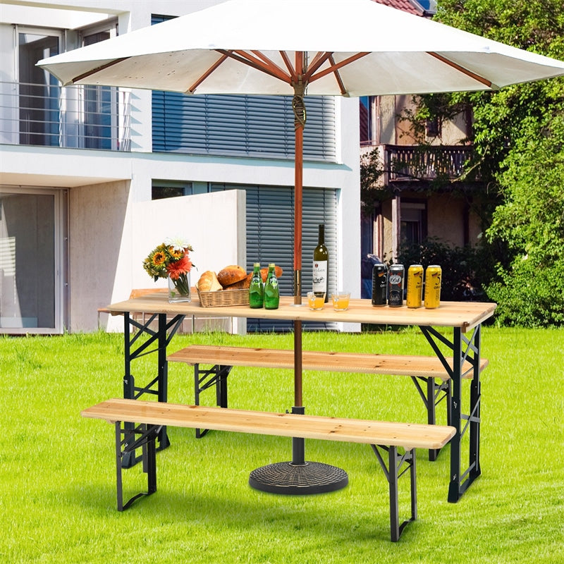 66.5 Inch Adjustable Height Outdoor Wood Folding Picnic Table Beer Table with Umbrella Hole