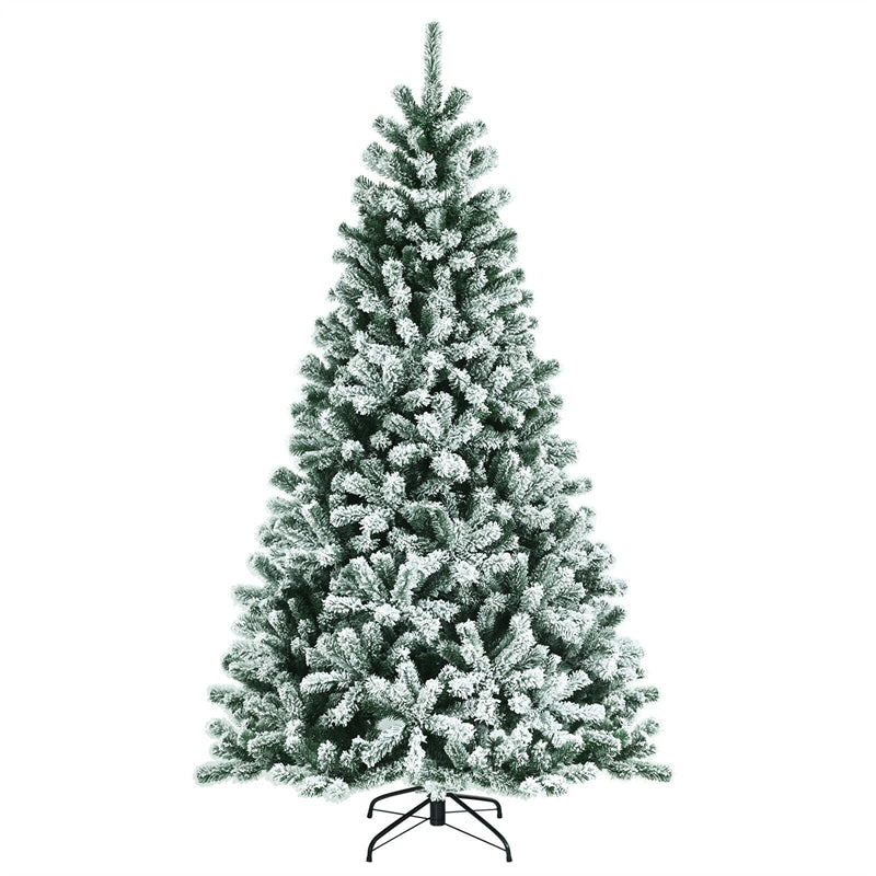 7FT Snow Flocked Christmas Tree Pre-Lit Hinged Artificial Xmas Tree with 1116 Branch Tips & Metal Stand