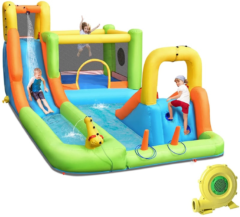 7 In 1 Kids Inflatable Water Slide Park Backyard Bounce House with 735W Air Blower