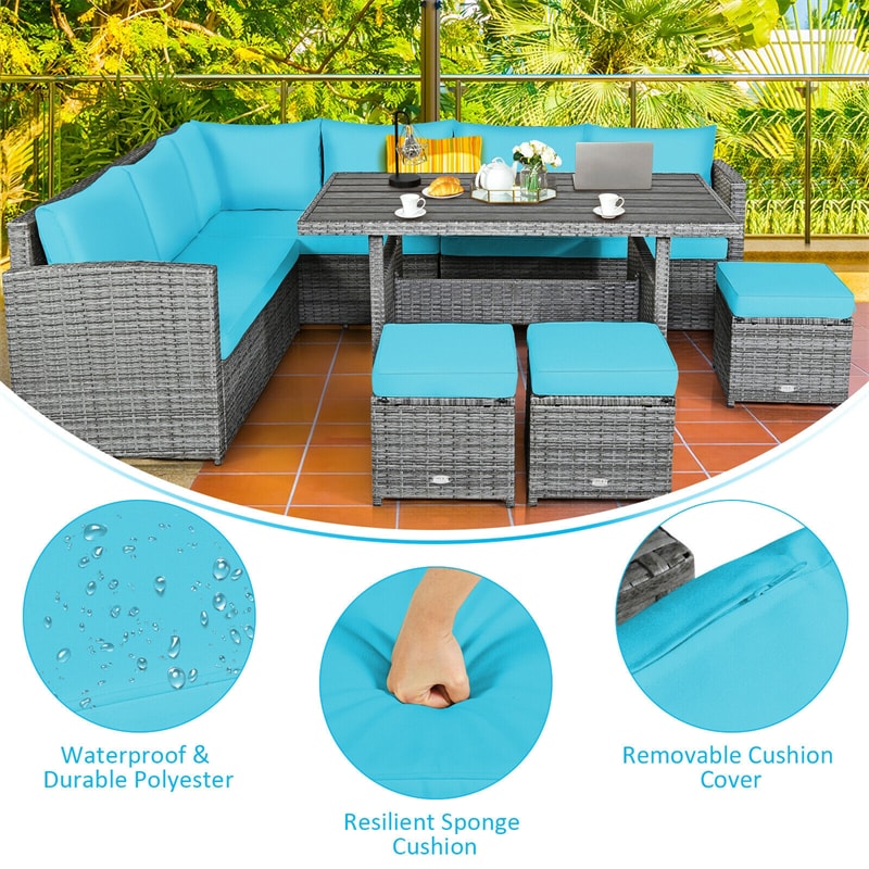 7 PCS Resin Wicker Outdoor Sectional Sofa Set Rattan Patio Seating Group with Dining Table, Ottomans & Cushions