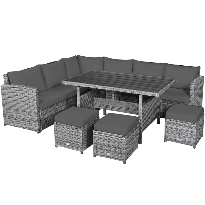7 PCS Resin Wicker Outdoor Sectional Sofa Set Rattan Patio Seating Group with Dining Table, Ottomans & Cushions