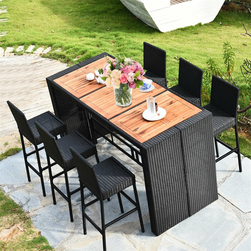 7 Piece Patio Rattan Bar Dining Furniture Set Wicker Outdoor Bar Height Table Set with Acacia Wood Table Top & 6 Cushioned Bar Stools