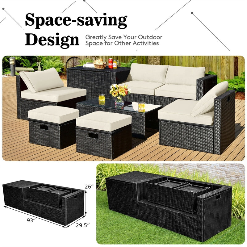 8 Piece Patio Rattan Furniture Set Outdoor Sectional Sofa Set with Storage Box, Tempered Glass Table, Ottomans & Waterproof Cover