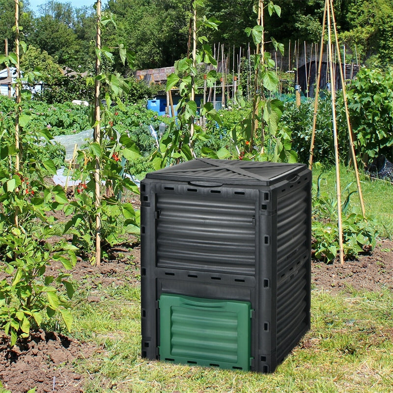 80 Gallon Compost Bin Outdoor Garden Fertilizer Barrel Grass Food Trash Compost Barrel with Top Flip Latch-on Lid & Bottom Exit Door