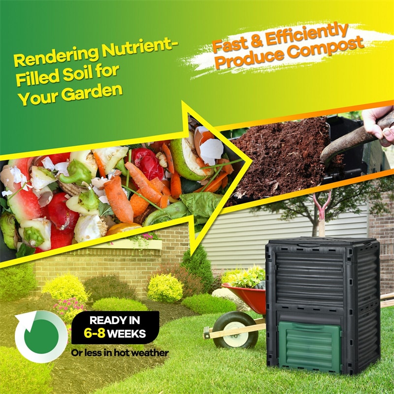 80 Gallon Compost Bin Outdoor Garden Fertilizer Barrel Grass Food Trash Compost Barrel with Top Flip Latch-on Lid & Bottom Exit Door