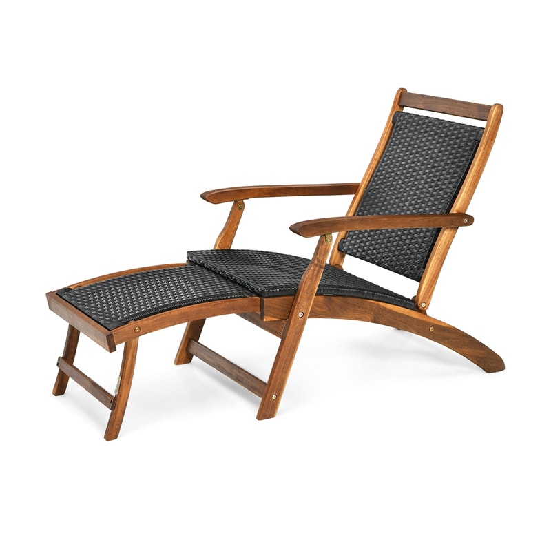 Patio Folding Rattan Lounge Chair Acacia Wood Wicker Outdoor Chaise Lounge Reclining Pool Chair with Retractable Footrest