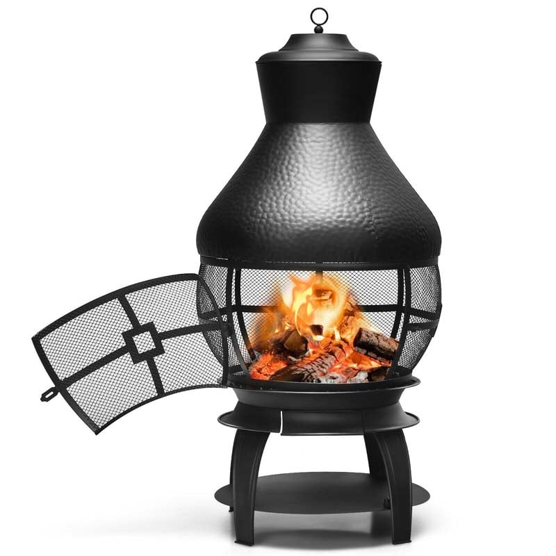 Patio Wood Burning Fire Pit Chimenea Heavy Duty Chiminea Outdoor Fireplace with 2-Piece Log Grate & 360° Wire Mesh for Garden Backyard