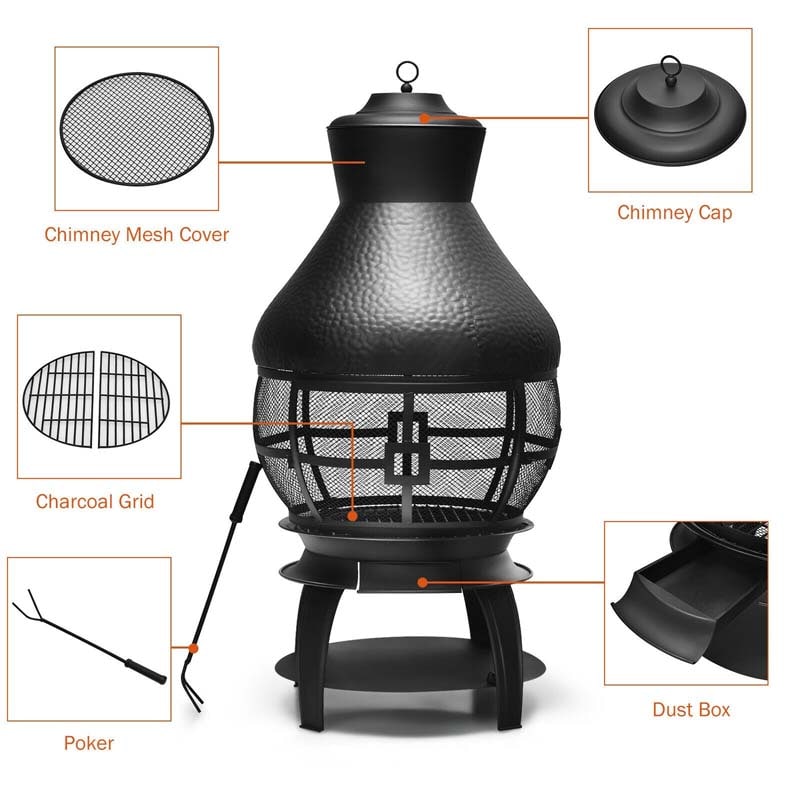 Patio Wood Burning Fire Pit Chimenea Heavy Duty Chiminea Outdoor Fireplace with 2-Piece Log Grate & 360° Wire Mesh for Garden Backyard