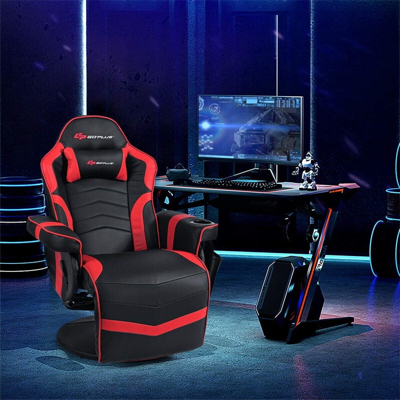 Black Gaming Desk and Red/Black Racing Chair Set with Cup Holder