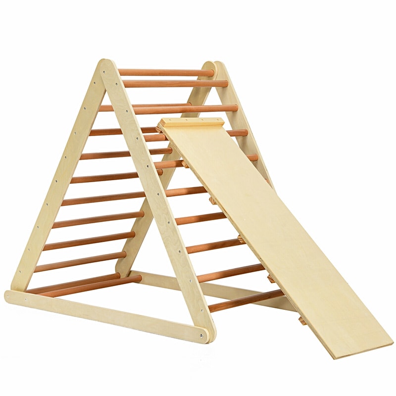 Foldable Wooden Climbing Pikler Triangle Toddler Climber Ladder with Climbing Ramp