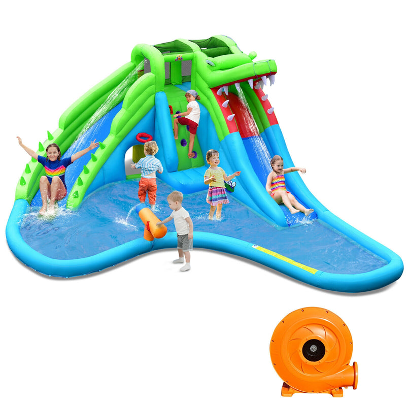 Inflatable Water Slide Bounce House Crocodile Mighty Water Slide Park Splash Pool with 780W Blower for Kids Backyard Family Fun