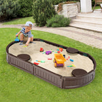 Kids Outdoor Sandbox 6FT Oval Sand Pit with Cover, 4 Built-in Corner Seats & Bottom Liner