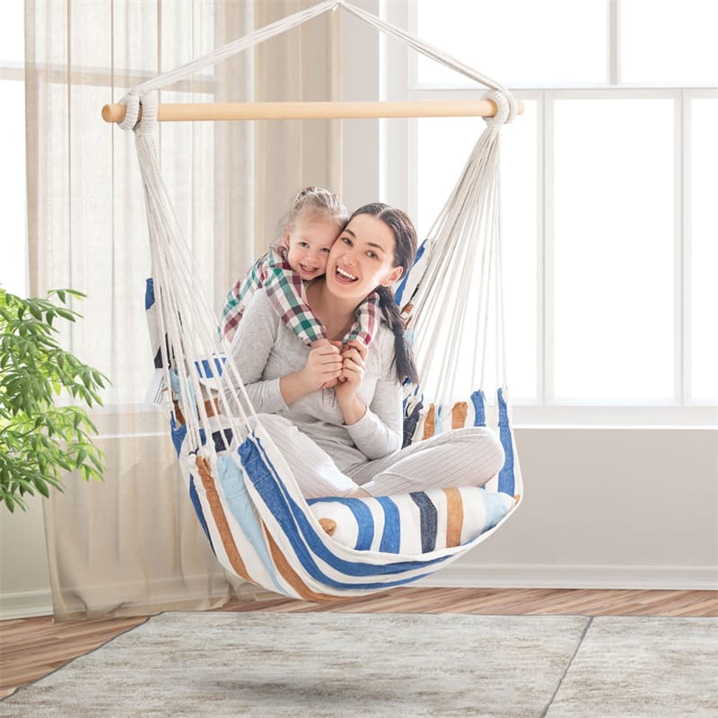 Hammock Chair Hanging Rope Swing Chair Cotton Rope Hammock Chair with 2 Cushions for Bedroom Patio Porch Yard Balcony Tree