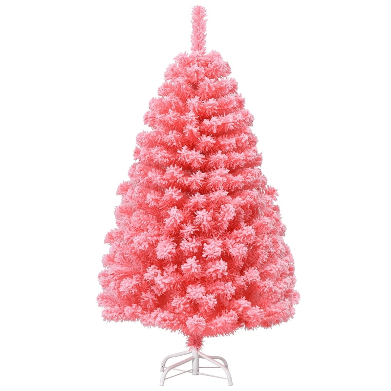 4.5FT Pink Christmas Tree Hinged Flocked Artificial Xmas Tree PVC Branch Tips with Metal Stand