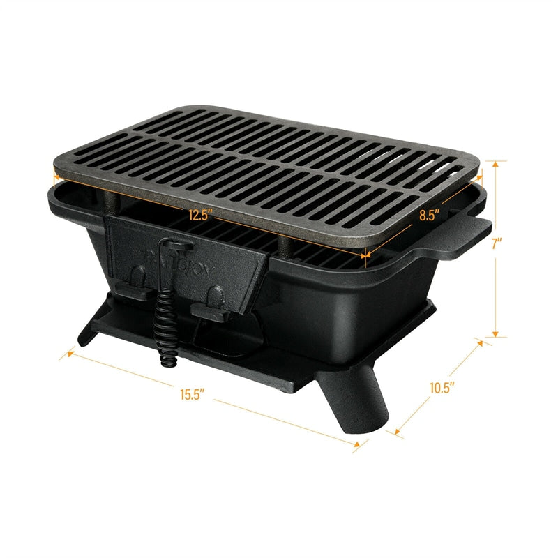 Portable Cast Iron Charcoal Grill Hibachi Grill Tabletop BBQ Grill with Double-sided Grilling Net for Outdoor Camping Picnic Cooking