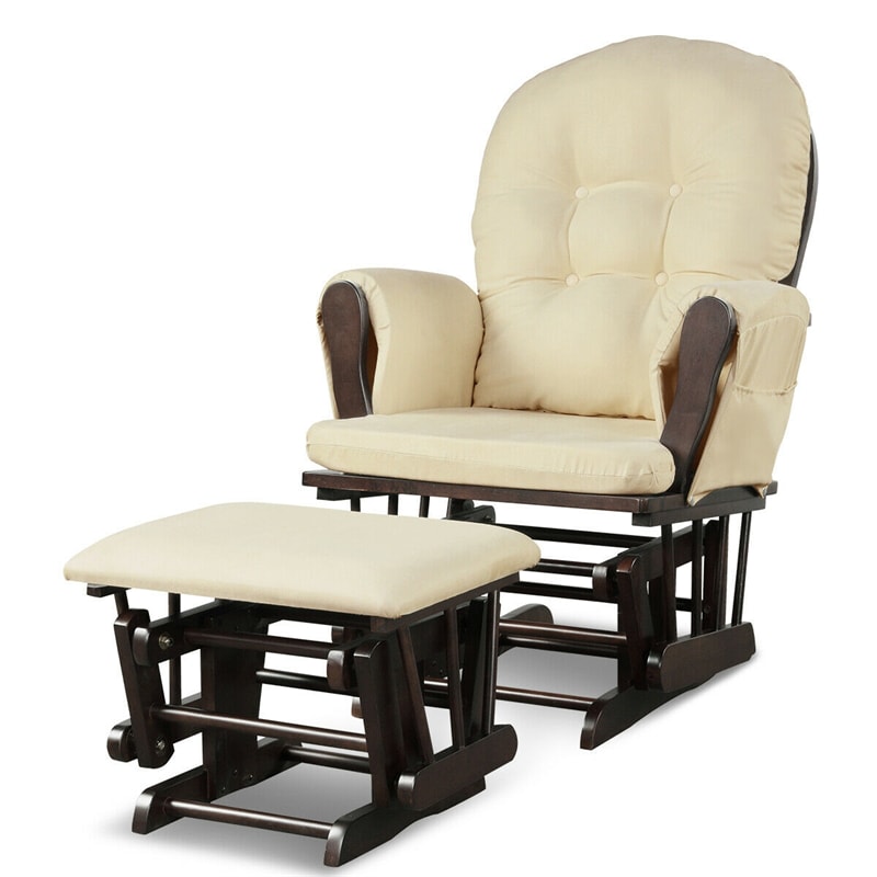 Wood Nursery Glider Chair & Ottoman Set Nursery Rocking Chair Glider Rocker with Padded Cushion & Storage Pocket