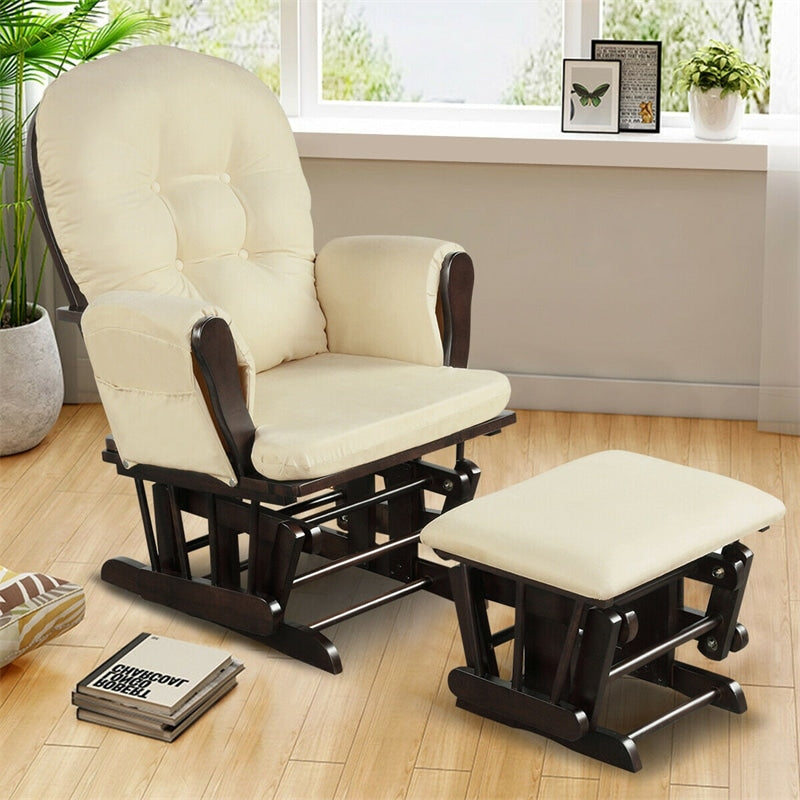 Wood Nursery Glider Chair & Ottoman Set Nursery Rocking Chair Glider Rocker with Padded Cushion & Storage Pocket