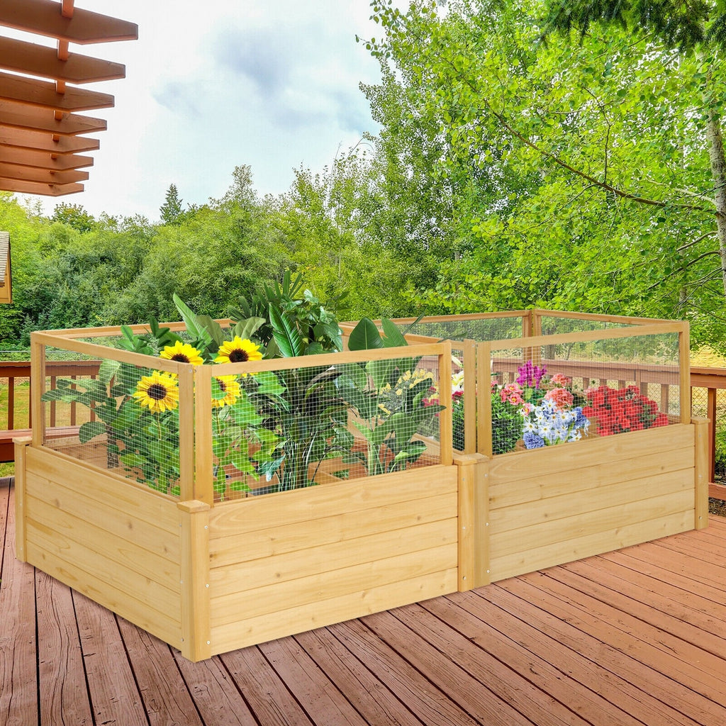 Wooden Raised Garden Bed Outdoor Planter Box with Critter Guard Fence & 9 Grids Plant Container for Patio Backyard Balcony
