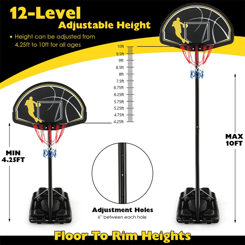 Portable Basketball Hoop System Outdoor Indoor 4.25-10FT Adjustable Basketball Goal with 44’’ Shatterproof Backboard & Fillable Base