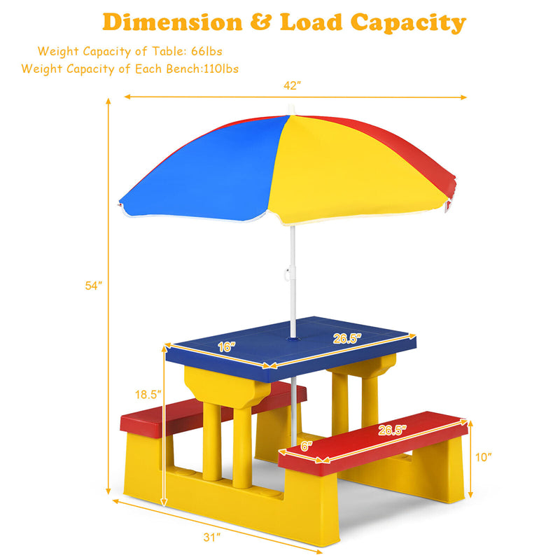 4 Seat Kids Picnic Table Bench Set Children Folding Bench Table with Removable Umbrella for Indoor Outdoor Garden Yard